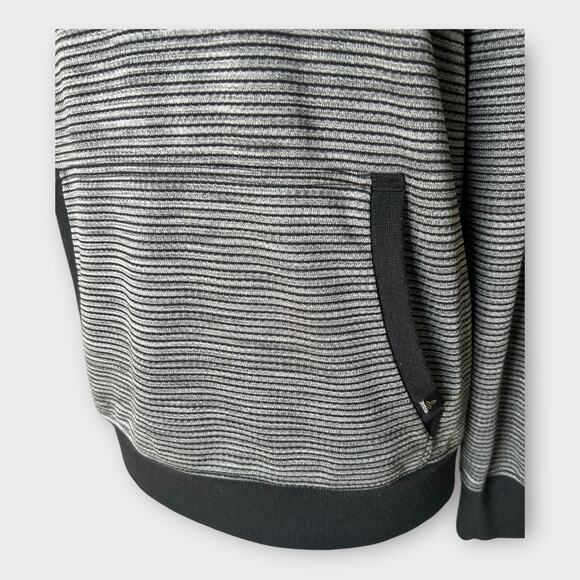 Womens PrAna Striped Hoodie Sweatshirt sz Large Black Gray Stripes Gorpcore Cozy - Picture 3 of 9